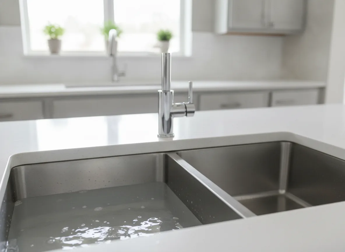 Standing water in one bowl of a double kitchen sink
